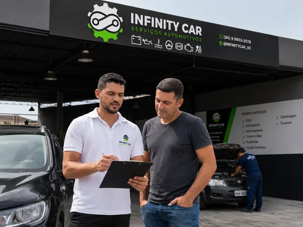 Consultor da Infinity Car anotando o atendimento junto com o cliente