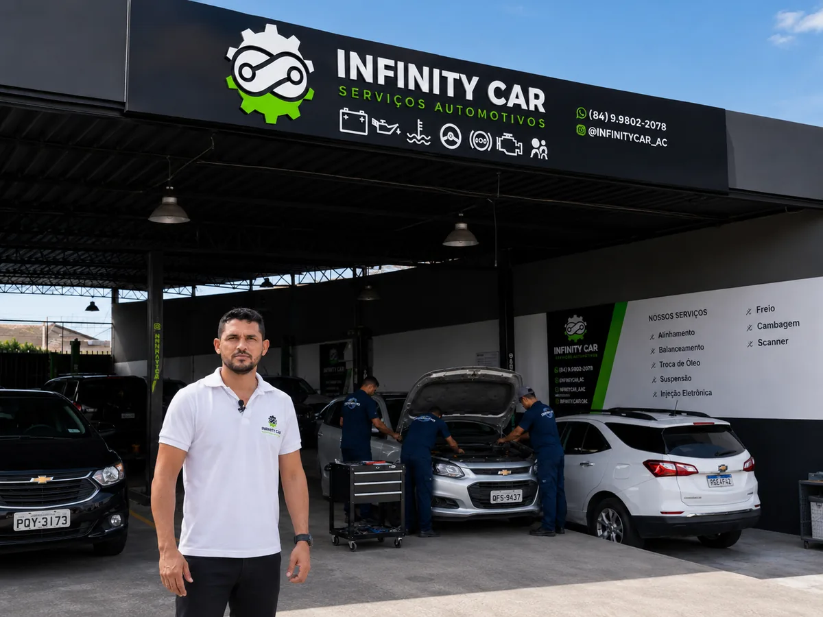 Fachada da Infinity Car Serviços Automotivos com a equipe atendendo carros nos boxes