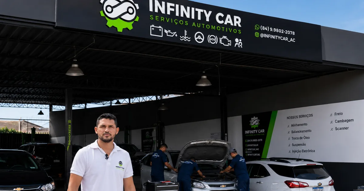 Fachada da Infinity Car vista da rua, com os boxes de atendimento ao fundo